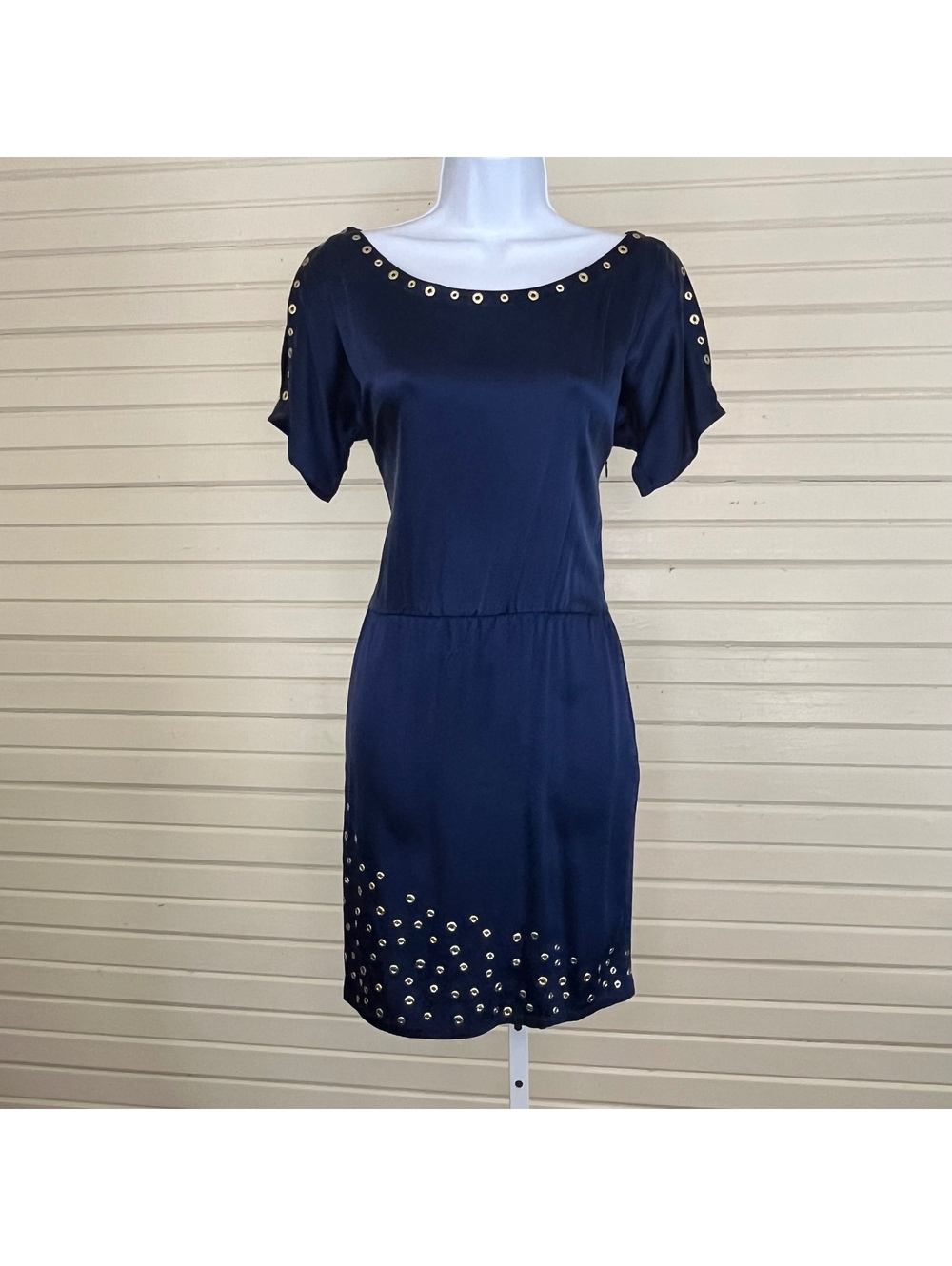 Cache Navy Blue Silk Dress with Gold Eyelet Details Size S